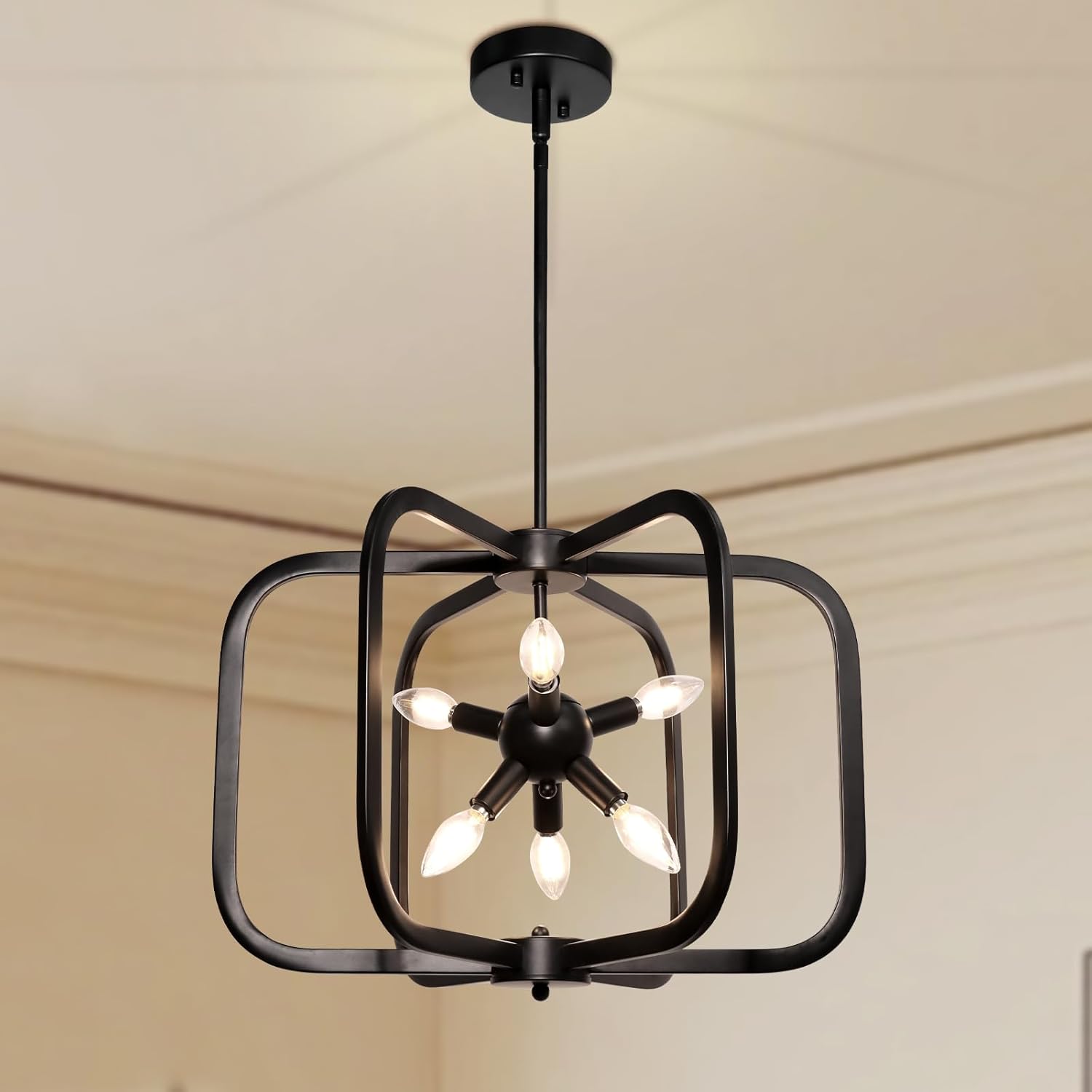 Modern Black Chandelier for Dining Room, 6-Light Geometric Metal Farmhouse Chandelier, Hanging Industrial Ceiling Pendant Light for Kitchen Island Entryway Foyer Bedroom Stairway