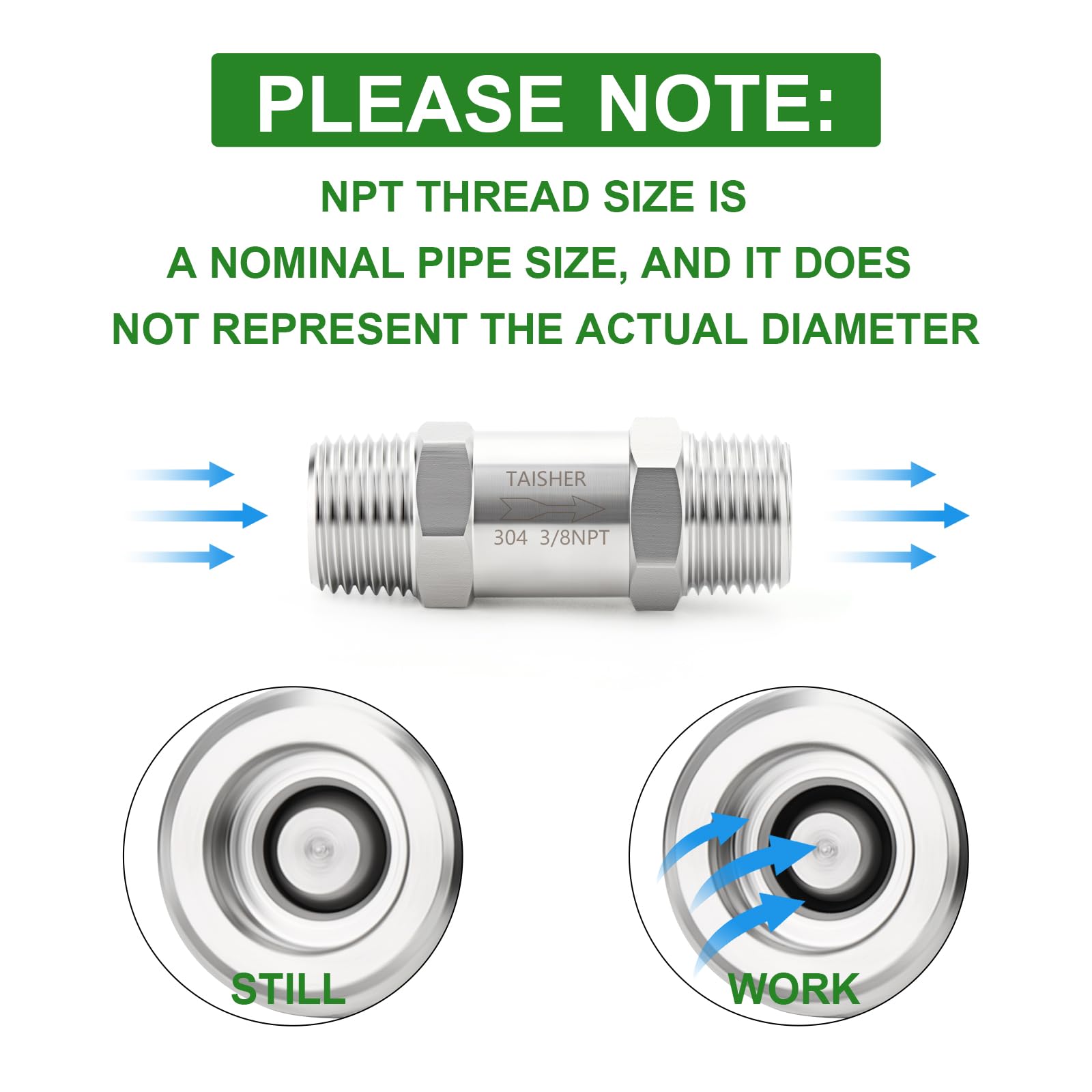 TAISHER Rückschlagventil Edelstahl 304 - 3/8" BSP Gewinde Für Rohrleitungssysteme