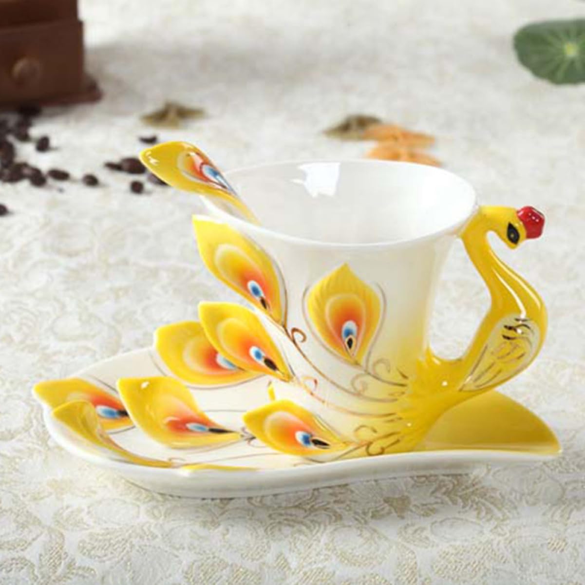 HEMOTON Set Tazzine da Caffè in Porcellana Giallo Piattino e Cucchiaio Design Ergonomico per Colazione o Tè Pomeridiano