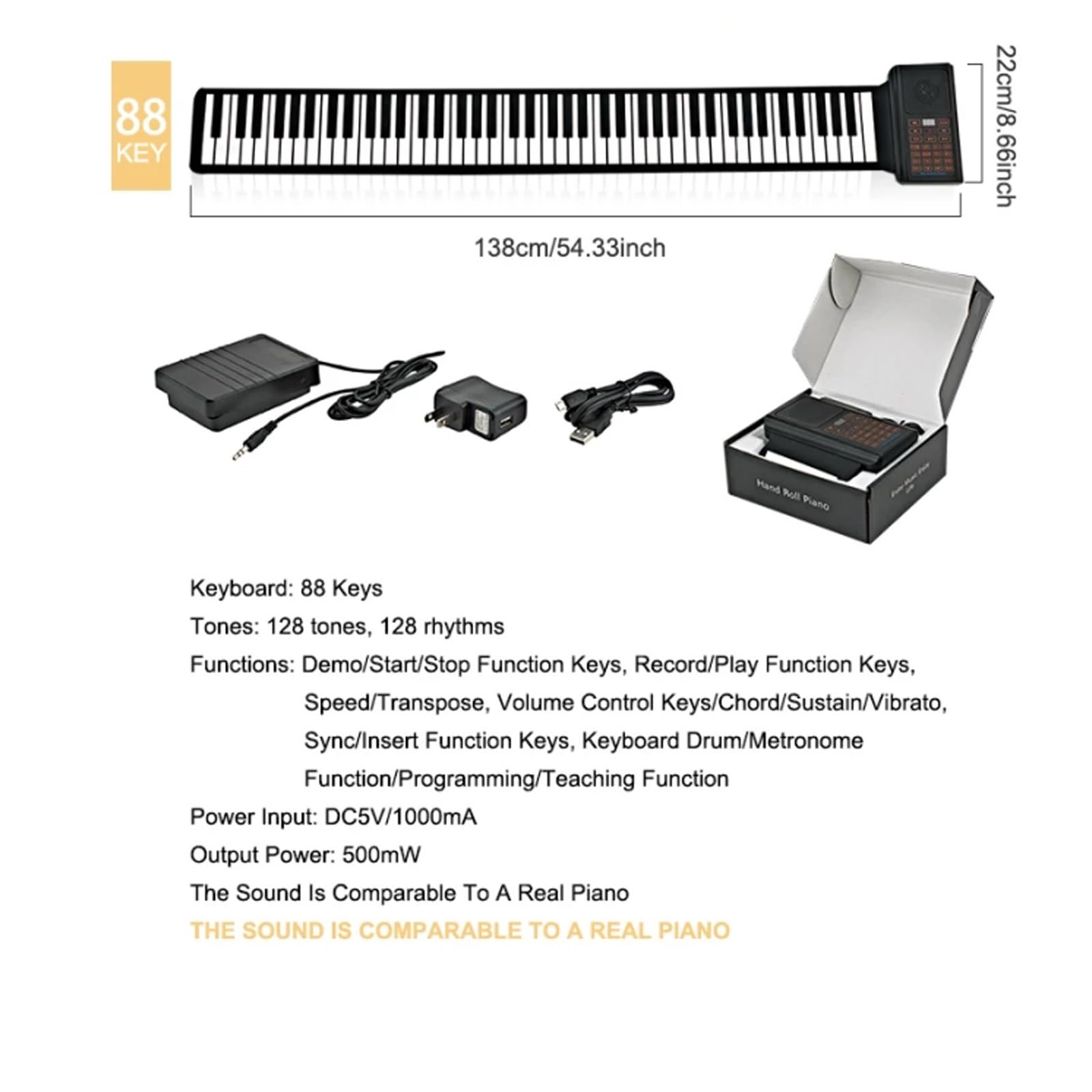 Tastiera Digitale Per Principianti Pianoforte Elettronico Pieghevole In Silicone Con Tastiera 88 Arrotolata A Mano Per Adulti Con Pedali(White,US)