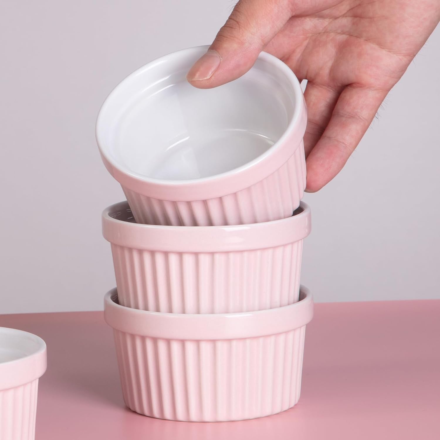 Ramekins 8 OZ Oven Safe, Creme Brulee Ramekins, Pudding Custard Cups Souffle Ramiken, Dipping Sauce Dishes, Ceramic Ramekin Bowls Set of 8, Pink