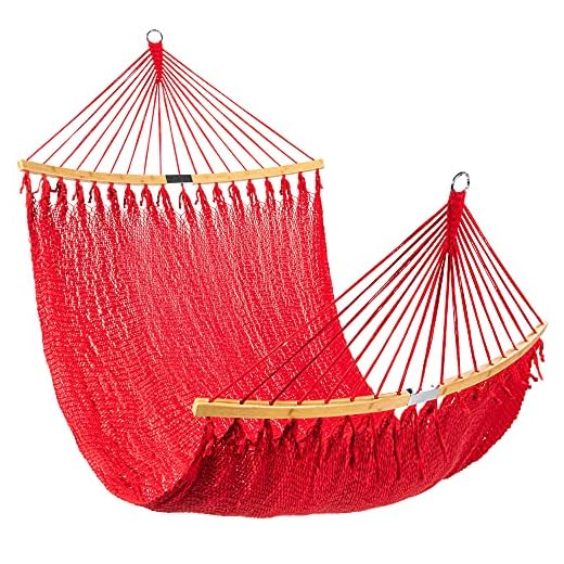 Best Choice Products 2-Person Woven Polyester Curved Caribbean Hammock for Outdoor, Backyard, Patio, Camping w/ 300lb Capacity, Curved Bamboo Spreader Bar, Hanging Chains - Fire Red
