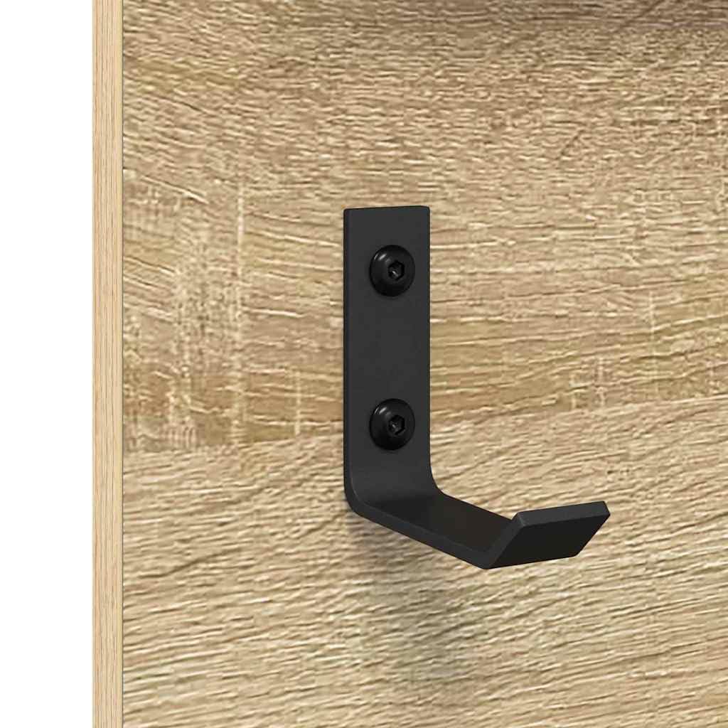 Sonoma Oak Wall Mounted Shelf with Mirror and Hooks | Made of engineered wood measuring 35.4x3.9x19.7 inches, featuring 2 storage ledges for entryway or bathroom organization.