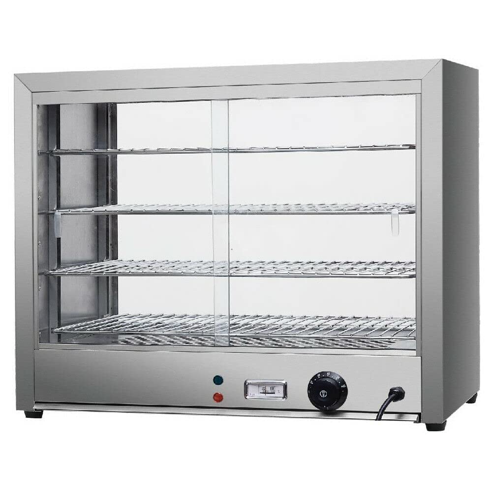 Futchoy Vetrina riscaldata con 4 telai in acciaio inox, scaldavivande commerciali, termostato regolabile da 30 °C fino a 85 °C, per mense, panetterie, 64 x 34 x 53 cm