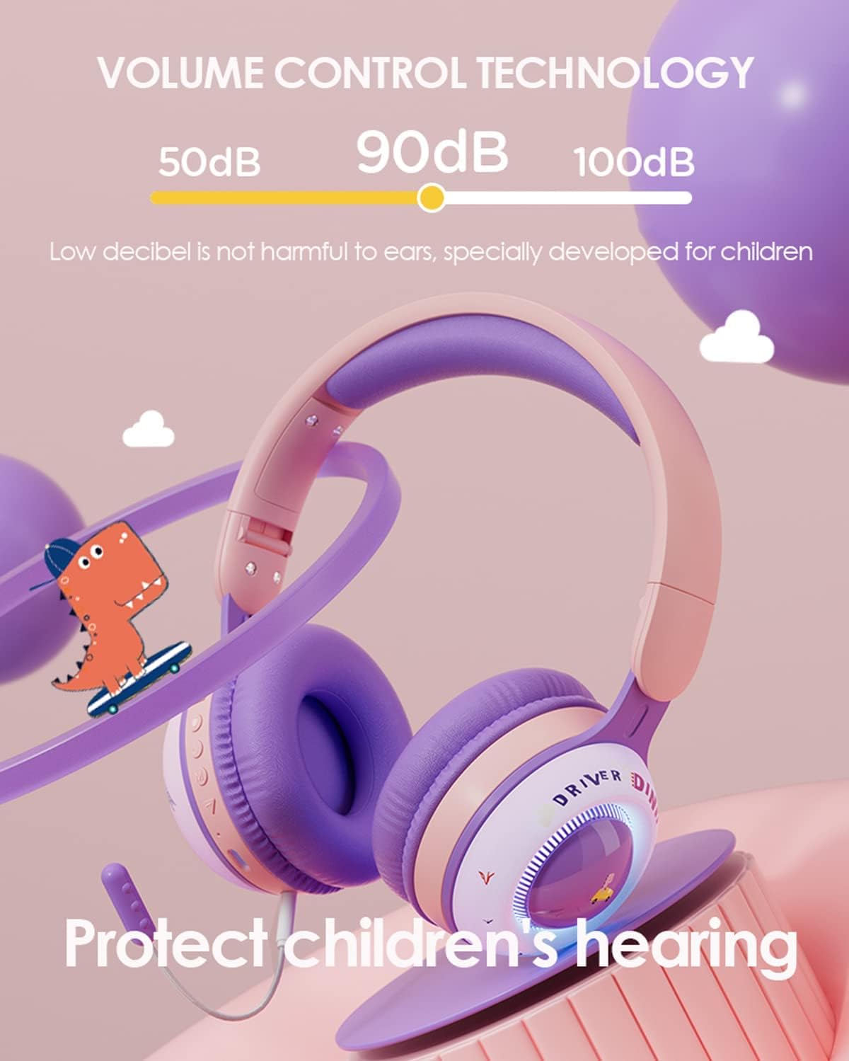 Kids Headphones with Microphone for School - Wireless Boy Girls Noise Cancelling Ear Protection Bluetooth Headphones Foldable Children Volume Limiting for iPad Kindle Airplane Travel Tablet