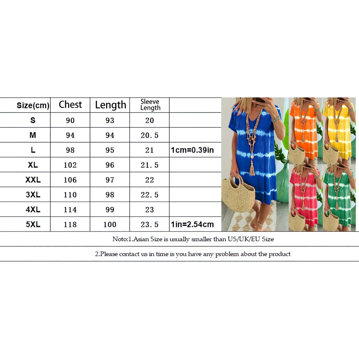 Tie-Dye a Righe Maniche Corte Sciolte T-Shirt Vestito,Tie Dye Vestito per Le Donne,Casual Spiaggia Scollo a V Abiti, WFFUO, G, XL