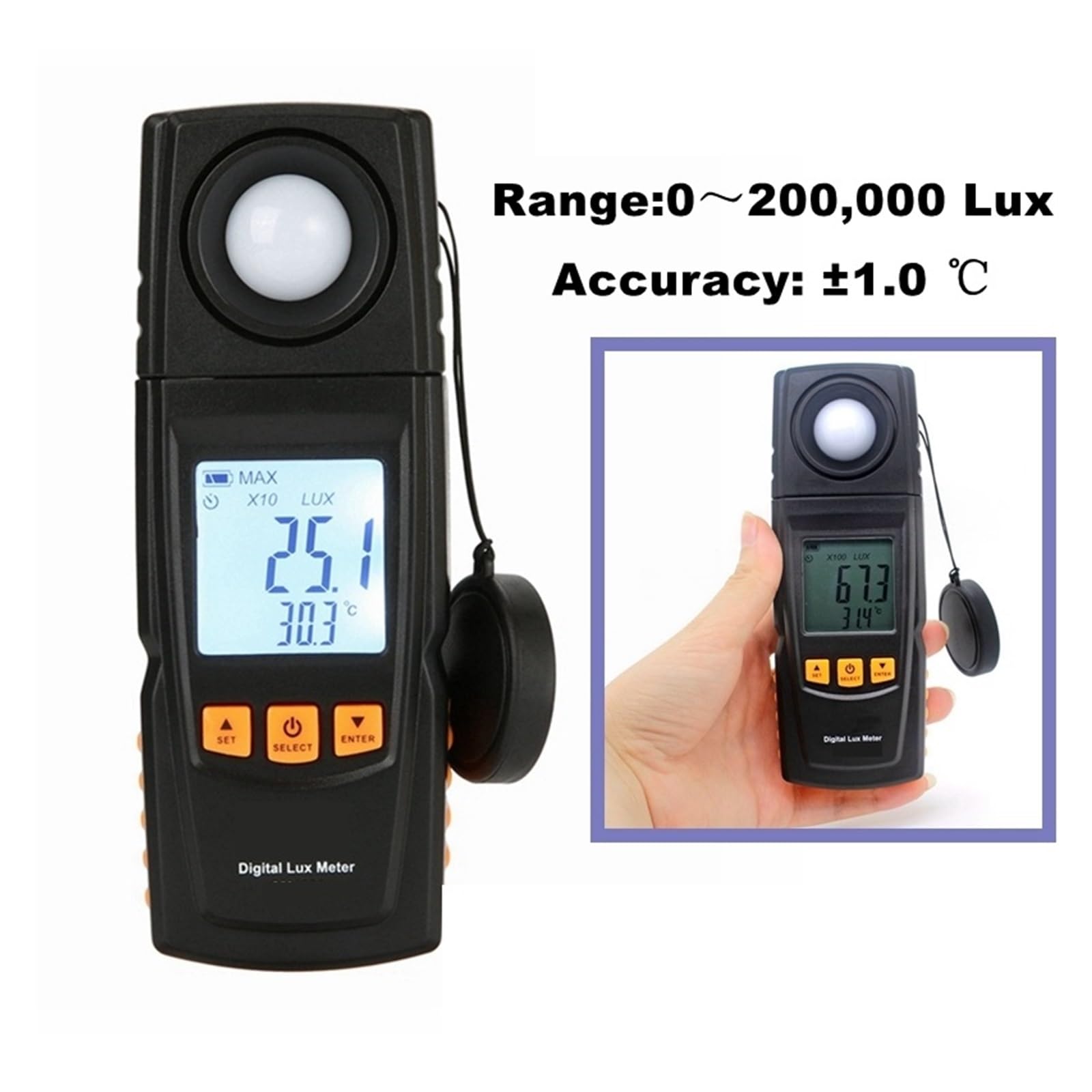 Illuminamento portatile, Tester Multifunzionale 0~40℃ Di Illuminamento Del Visualizzatore Digitale Del Luxmetro Di Alta Portabilità Supporto O Spostamento Automatico A Gamma Misurazione ad alta precis