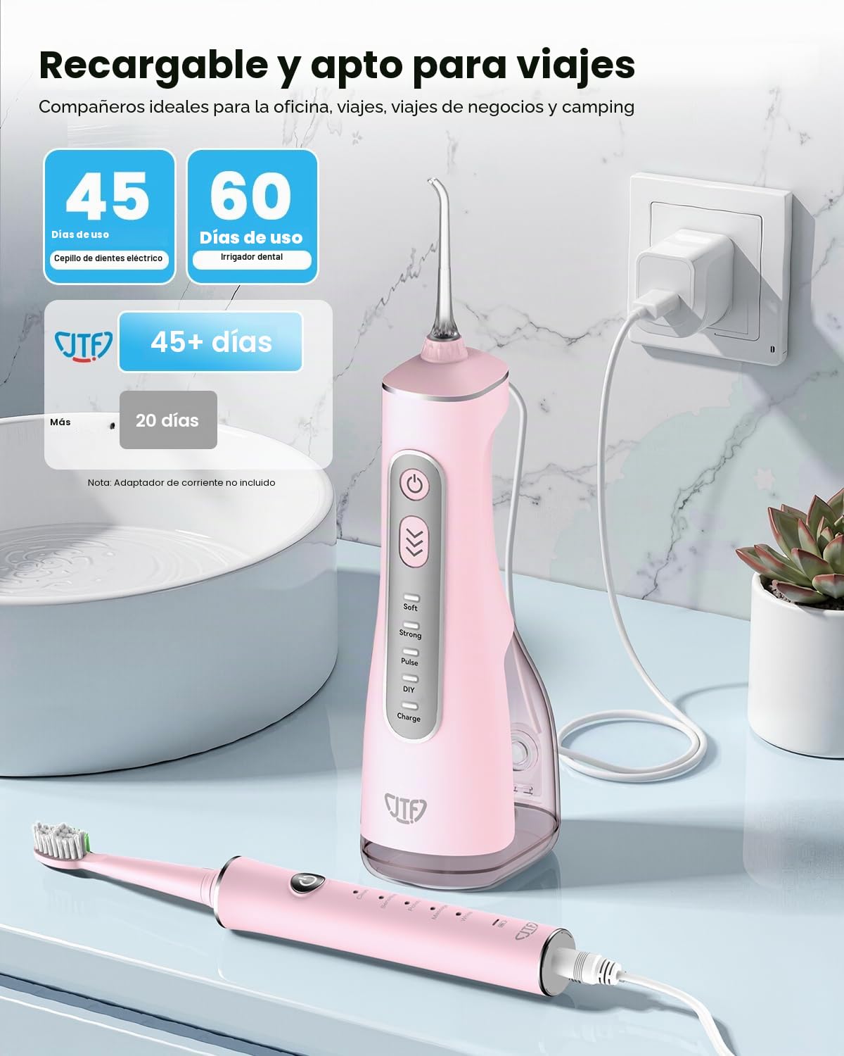 JTF Cepillo de Dientes Eléctrico y Irrigador Bucal 2-en-1 – Kit de Higiene Bucal Portátil para una Limpieza Eficaz y Suave, Múltiples Modos para Brackets y Encías Sensibles, Inalámbrico(Rosa)