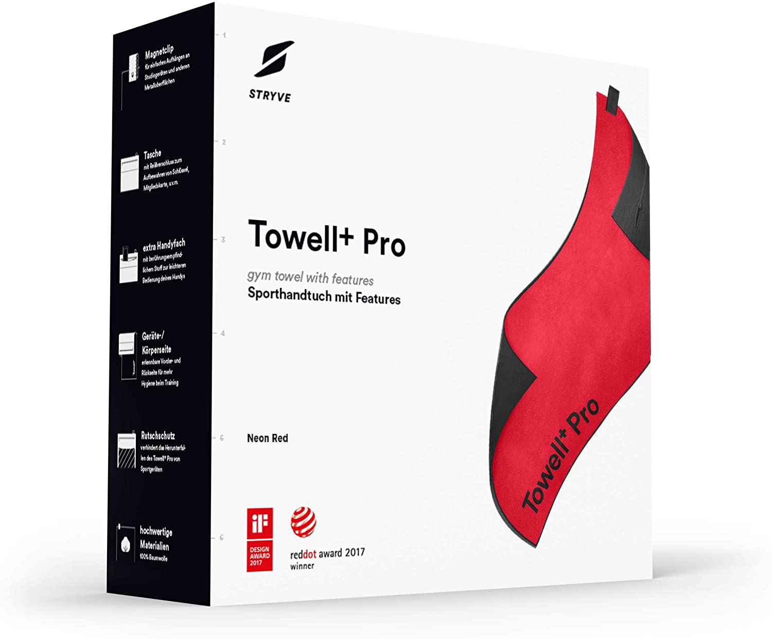 STRYVE TOWELL+Pro Sporthandtuch (105 x 42,5cm) Fitness Handtuch mit Magnet, Tasche + Rutschschutz, Badetuch, Yoga & Fitnessstudio Handtuch (Towell Pro, Neon Red)