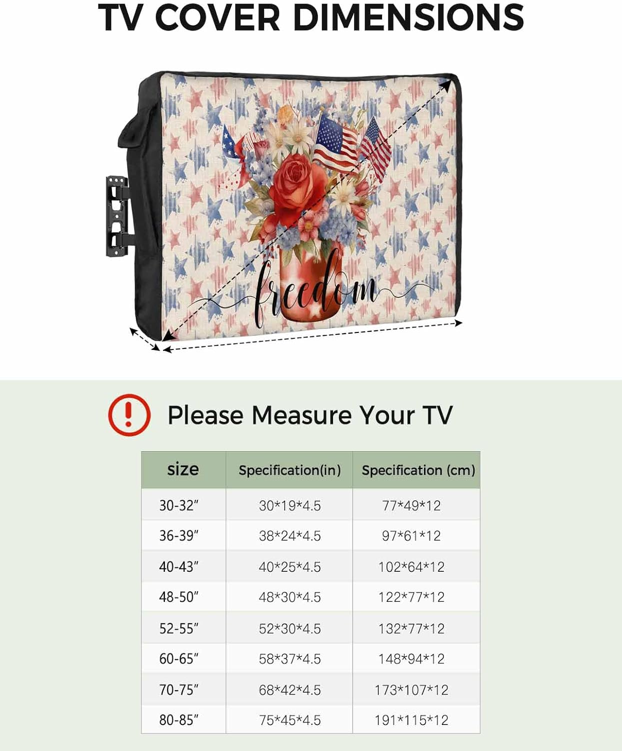 4th of July Outdoor TV Cover 75 Inch American Flag Flower TV Enclosure Independence Day Patriotic Memorial Liberty TV Covers for Outside TV Display Screen Protector with Remote Control Pocket