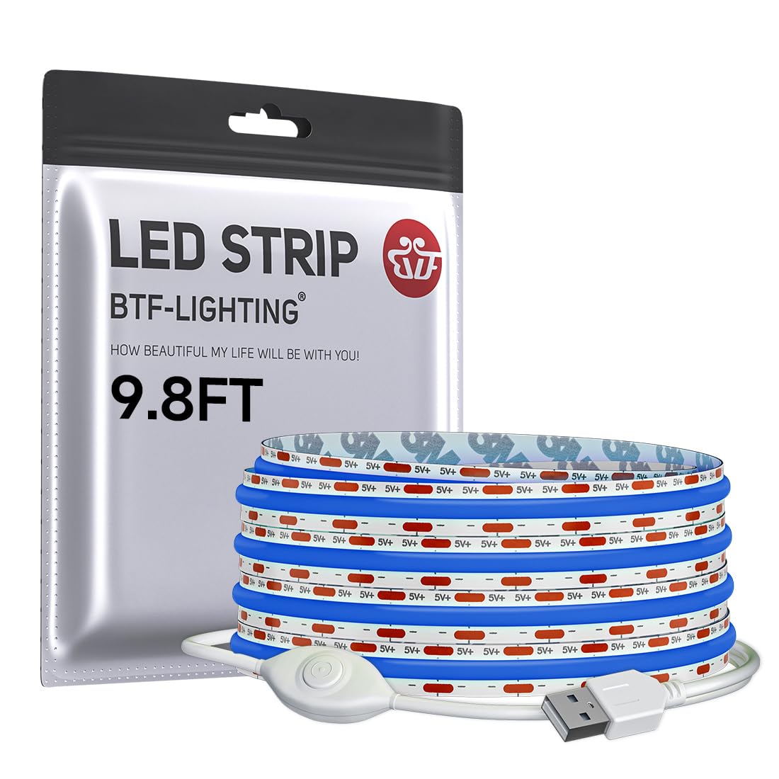 BTF-LIGHTING FCOB COB LED Strip Lights 5V USB Powered Blue Color for TV