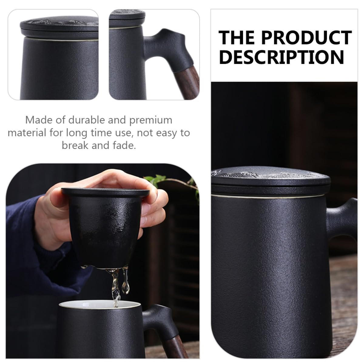 Tasse à thé en céramique avec filtre et couvercle, tasse de bureau personnelle noire pour séparation du thé, tasse à eau et à lait en porcelaine 350 ml adaptée pour l'infusion de feuilles en