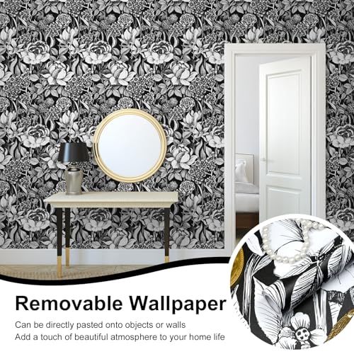 TAPETYLLER Black and White Floral Peel and Stick Wallpaper 17.5" x 472" Vintage Floral Contact Paper Sketch Flower and Leaf Self Adhesive Wall Paper Retro DIY Decorative Wallpaper Vinyl Roll Dark by TAPETYLLER - Image 9