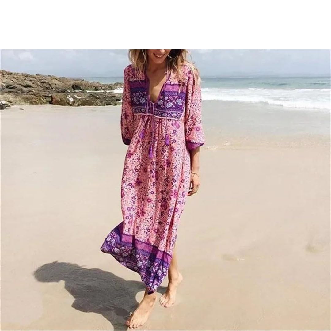 Vestido largo midi de rayón bohemio con estampado floral y cuello en V y manga larga con borlas para mujer