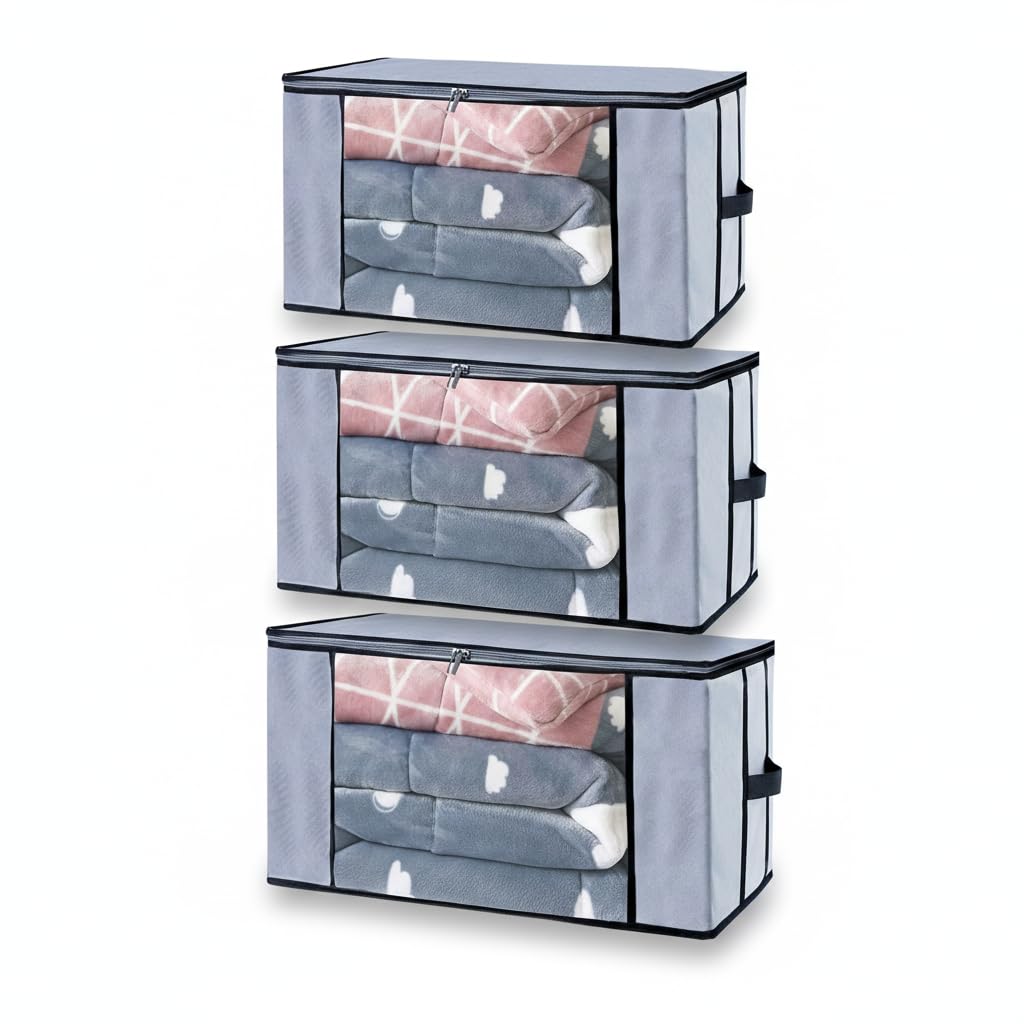 Rectangular Underbed Blanket Storage Bag for Wardrobe Organizer Blanket Cover with a large Transparent Window and Side Handles (Pack of 3)-image-27