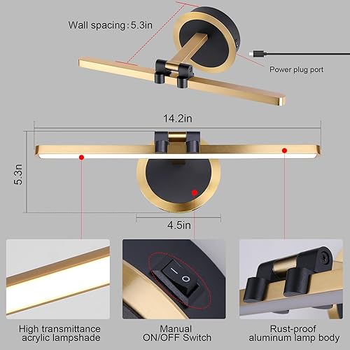 Miniatura 10 de Moderna luz LED regulable de 15.75 pulgadas, luz de imagen de latón, la pantalla puede girar hacia arriba y hacia abajo 270 grados, 3 temperaturas