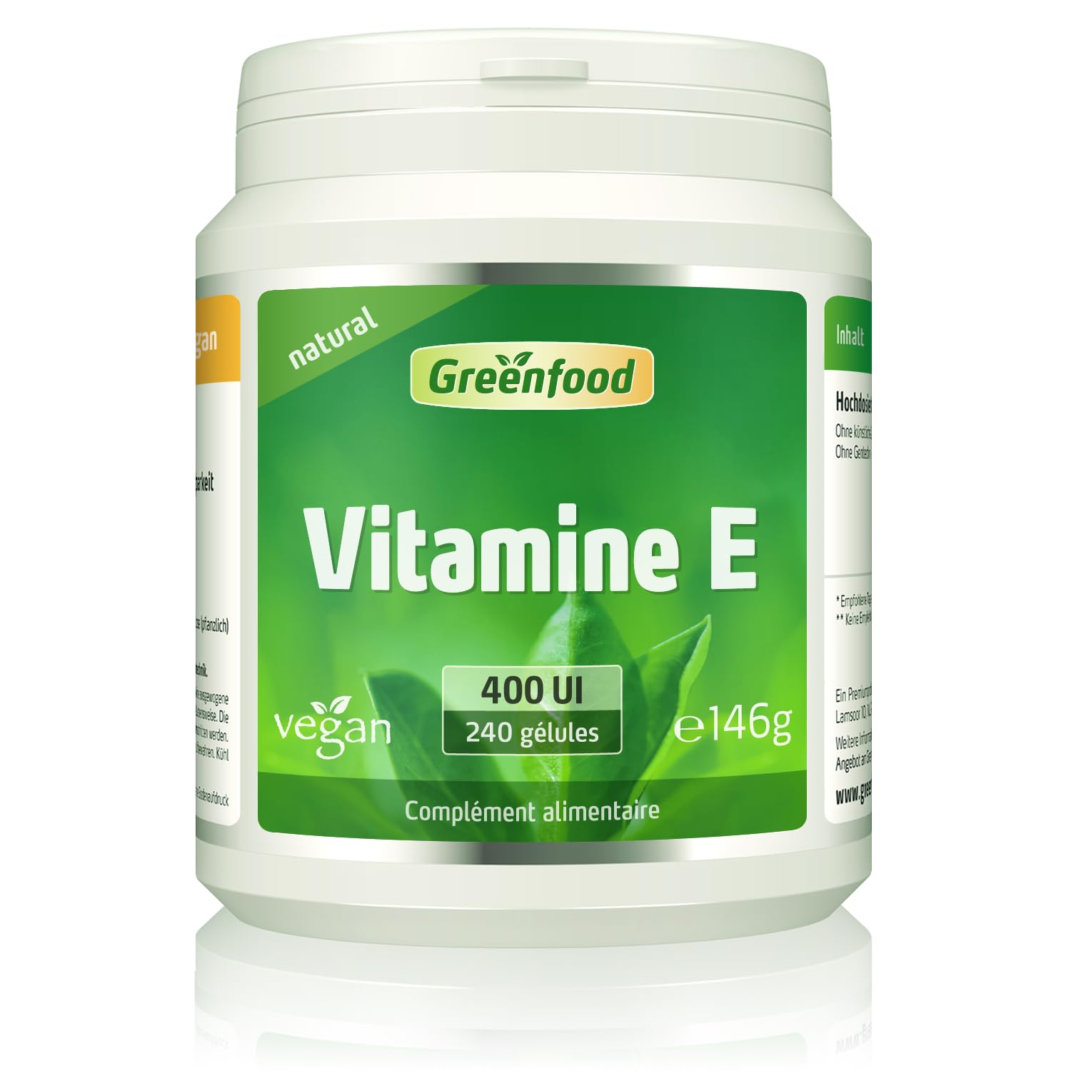 Greenfood Vitamine E, 400 UI, naturelle, 240 gélules - SANS additifs | Complexe de tocophérols, antioxydant, protège les cellules, testé, sans gluten ni lactose, biodisponible.