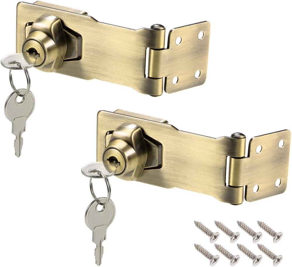 uxcell 4-inch Keyed Hasp Locks Zinc Alloy Twist Knob Keyed Locking Hasp W Screws for Door Cabinet Keyed Alike Bronze Tone 2Pcs
