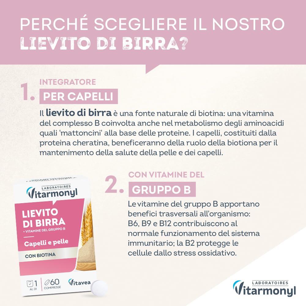 Lievito di Birra - Per Capelli e Pelle - Con Biotina - Con Vitamina B12, B2, B3, B6, B9, B1-60 Compresse - Vitarmonyl