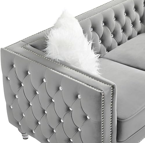 Miniatura 61 de i-POOK Sofá Chesterfield de terciopelo de 83 pulgadas de ancho con 3 asientos, 2 almohadas de felpa, patas de cristal y brazos recortados con cabeza