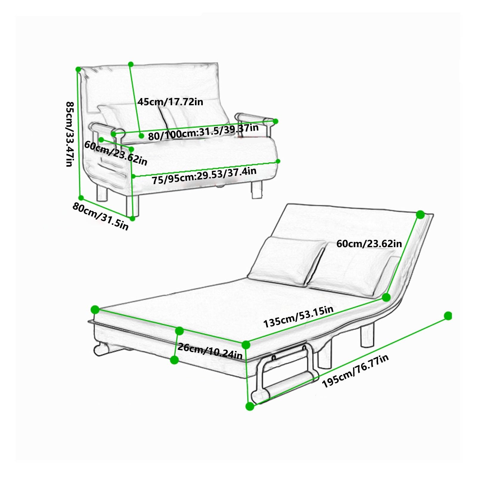 Poltrona letto Divano letto, poltrona trasformabile, pouf pieghevole multifunzione, moderno for gli ospiti for piccoli appartamenti(Green,100cm)