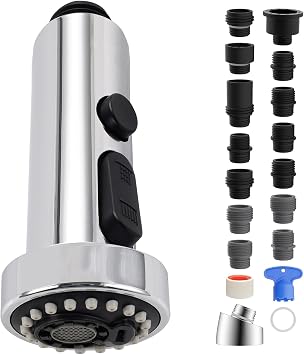 Universal Pull-Down Kitchen Faucet Spray Head, 3-Mode,15 Adapters, Chrome