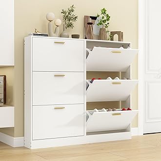 Shoe Cabinet for Entryway Set of 2, Narrow Shoe Storage Cabinet with 3 Flip Drawers, Wood Hidden Shoe Storage, Freestanding Shoe Organizer for Hallway, Bedroom, Apartment, White