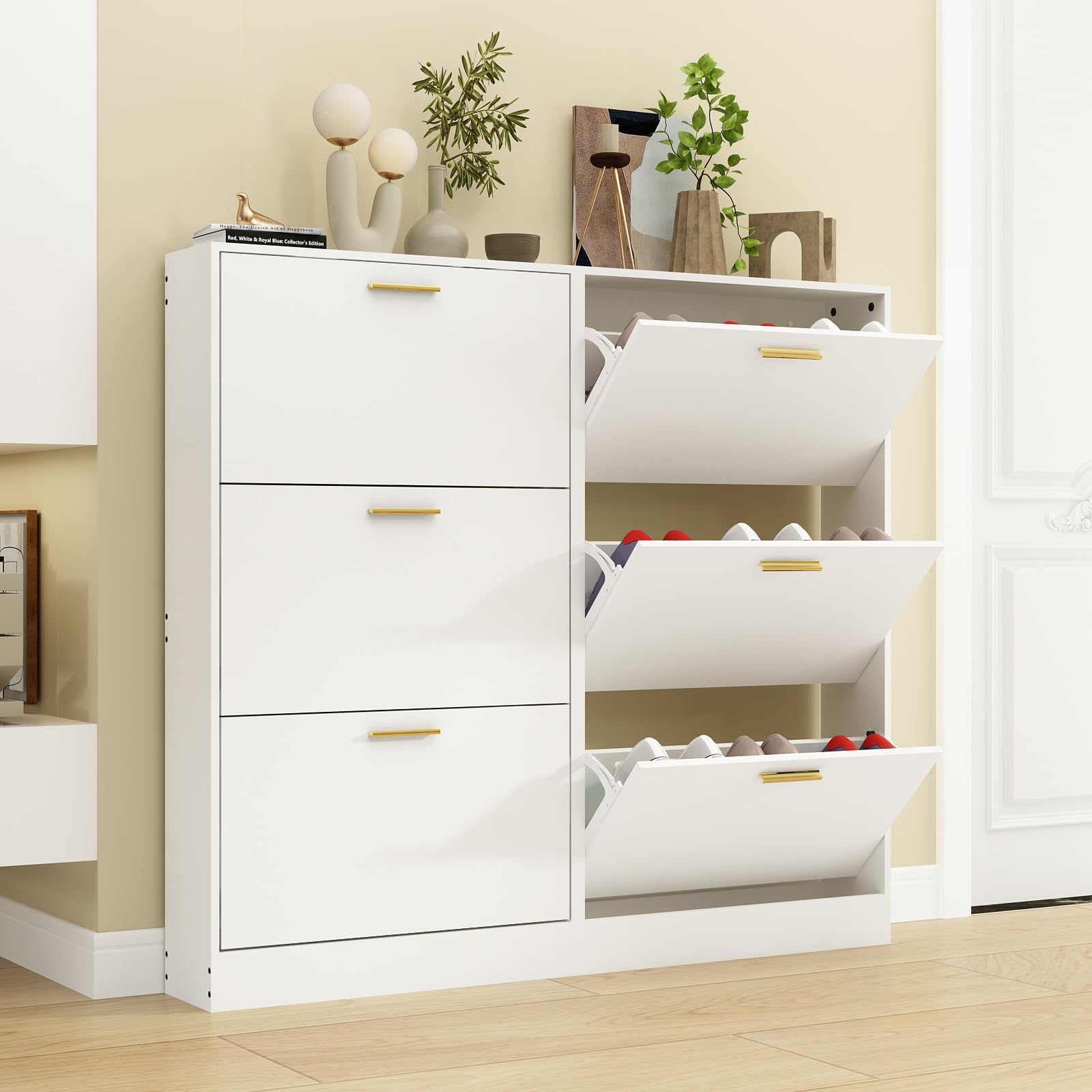 Shoe Cabinet for Entryway Set of 2, Narrow Shoe Storage Cabinet with 3 Flip Drawers, Wood Hidden Shoe Storage, Freestanding Shoe Organizer for Hallway, Bedroom, Apartment, White