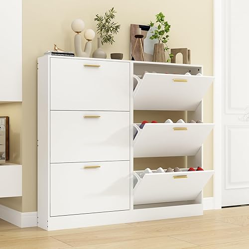 Juego de 2 zapateros para entrada, armario estrecho de almacenamiento de zapatos con 3 cajones abatibles, almacenamiento oculto de madera para