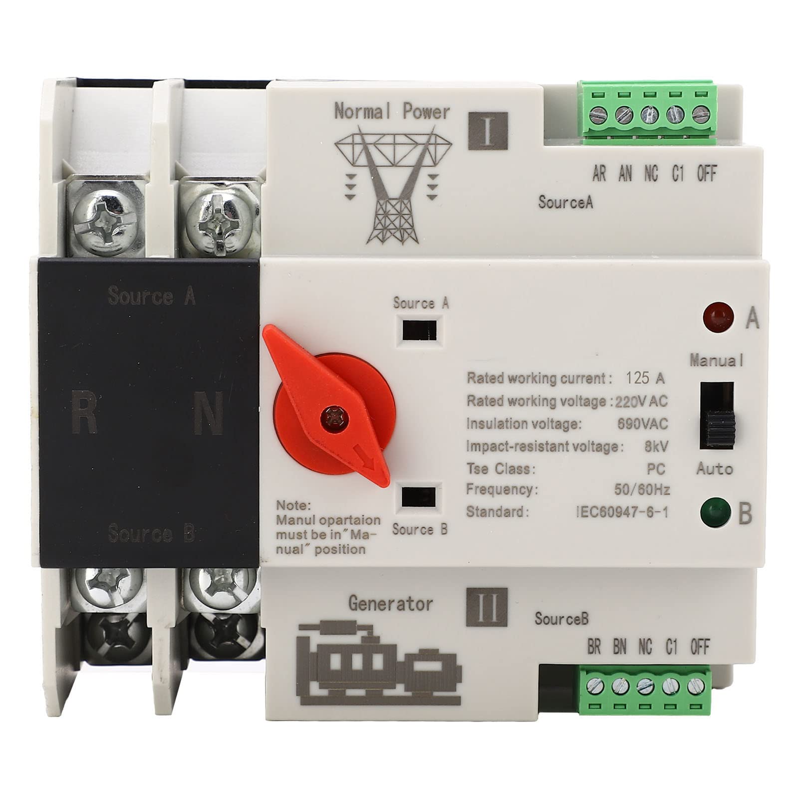 FTVOGUE Interruptor de Transferencia Automática de Doble Potencia de 110V, Interruptor de de Generador 2P de 100 Amperios, Interruptor ATS de Control WiFi (125A)