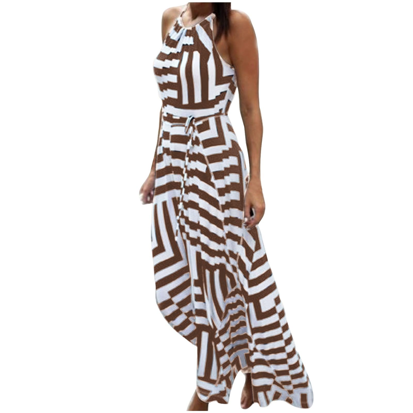 NaRHbrgWomen's Halter Neck Striped Maxi Dress Sleeveless High Waist Sundress Summer Beach Casual Long Dresses