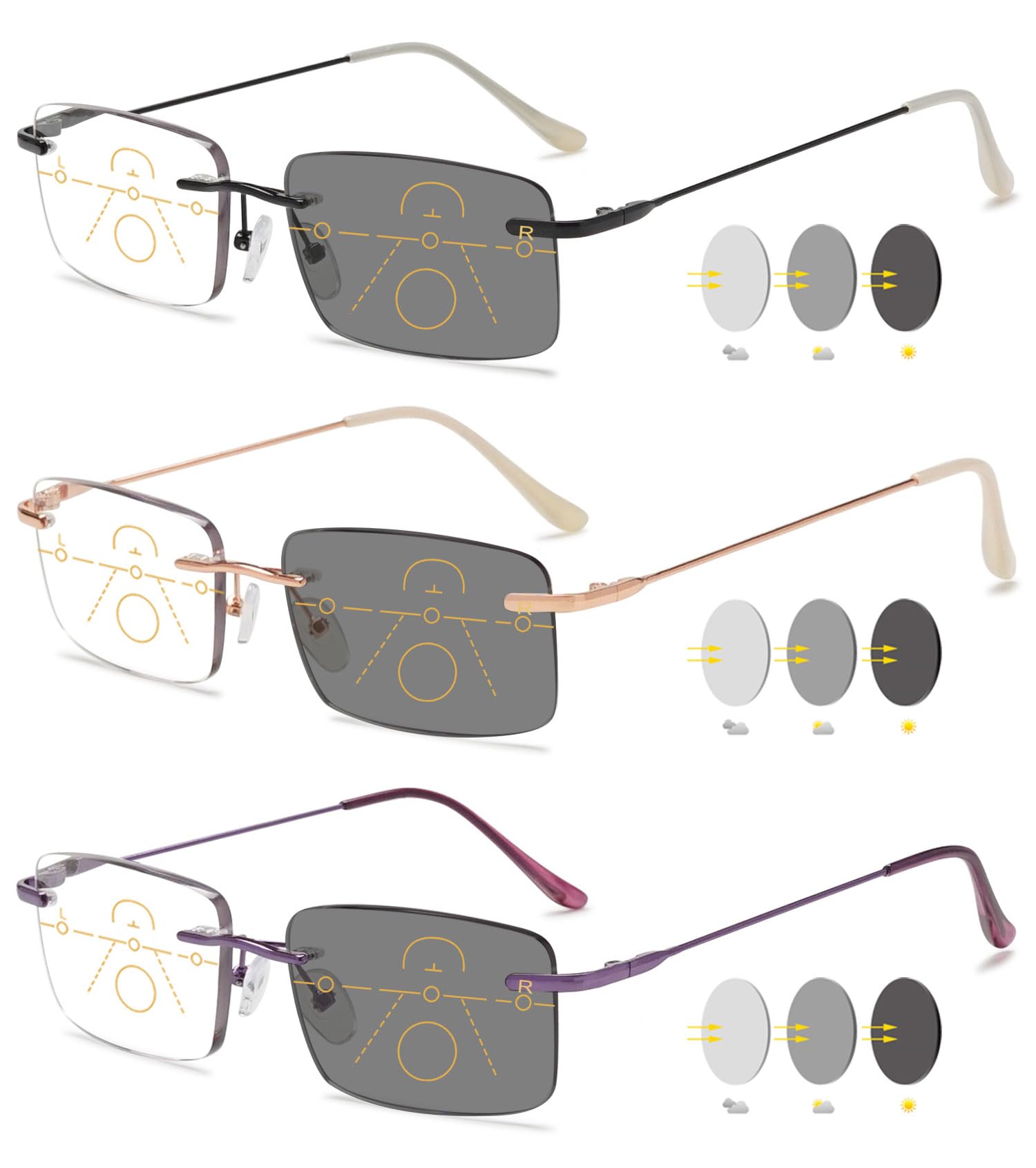 VEVESMUNDO Selbsttönende Gleitsichtbrille Randlos Gleitsicht Lesebrillen Metall Blaulichtfilter Multifokale Progressive Brillen für Herren Damen