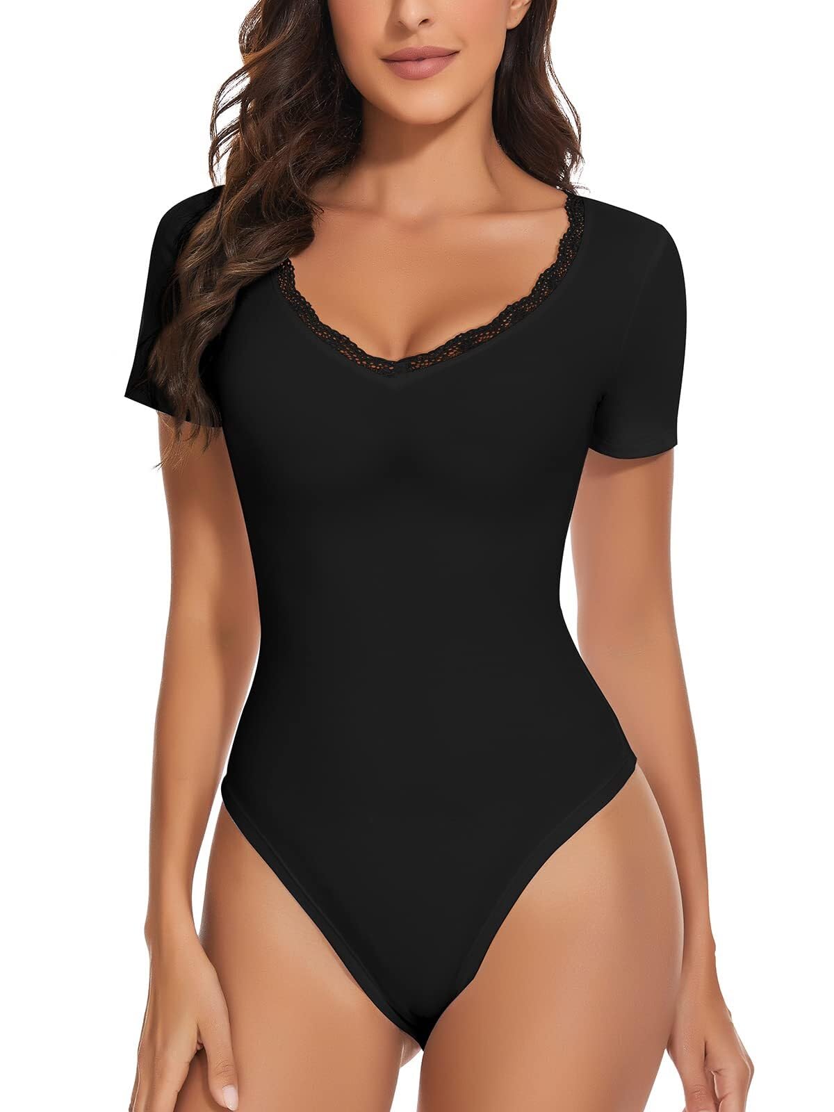 WOWENY Body pour femme, haut élégant à manches courtes et col en V en dentelle, sexy et décontracté