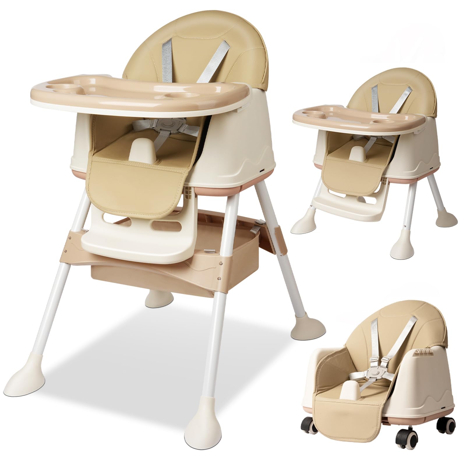 Chaise Haute Bébé 4-en-1, Chaise Haute Bébé Réglable et Convertible avec Ceinture de Sécurité, Plateau, Facile à Nettoyer, Siège Bébé de 6 Mois à 6 Ans (Beige)