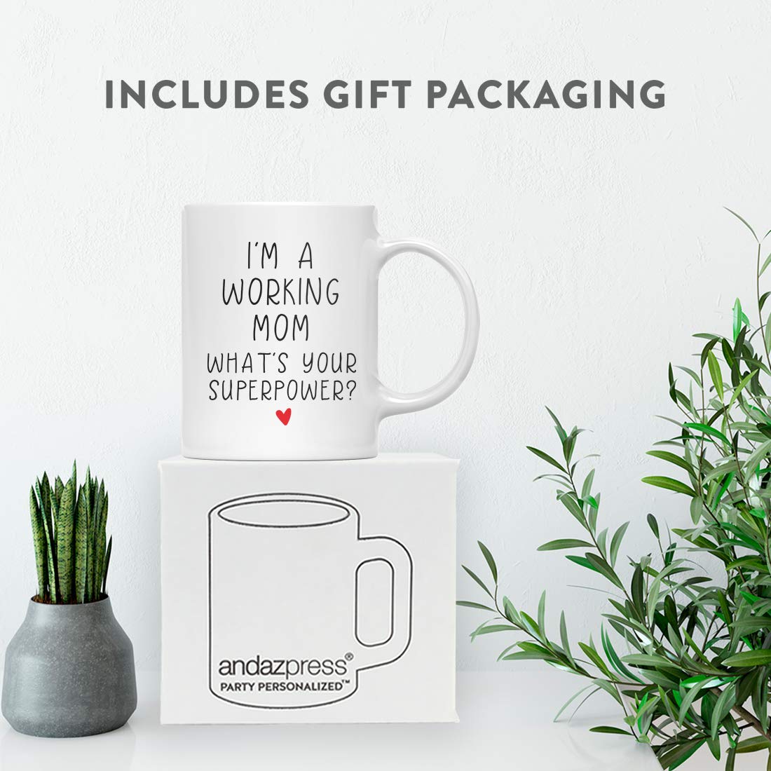 Andaz Press Working Mom Coffee Mug – 11oz Ceramic Mug With Superpower Quote, Gift Box Included