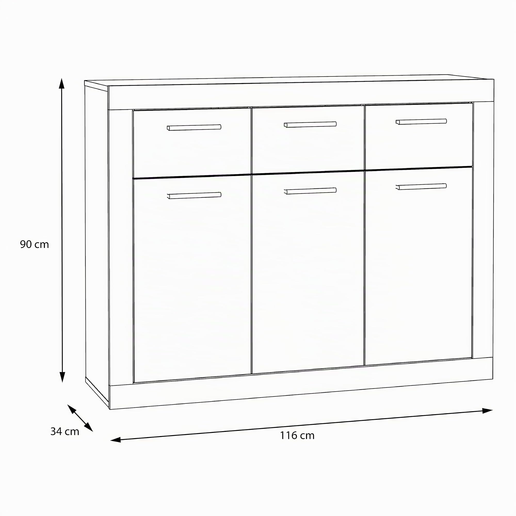 Forte BACCIO Kommode 110 120, Moderne Kommode für Wohn-/Schlafzimmer, 3-türig, 3 Schubladen, Holzwerkstoff, Artisan Eiche Holzdekor|Weiß, 117,9 cm breit x 91,5 cm hoch x 34 cm tief