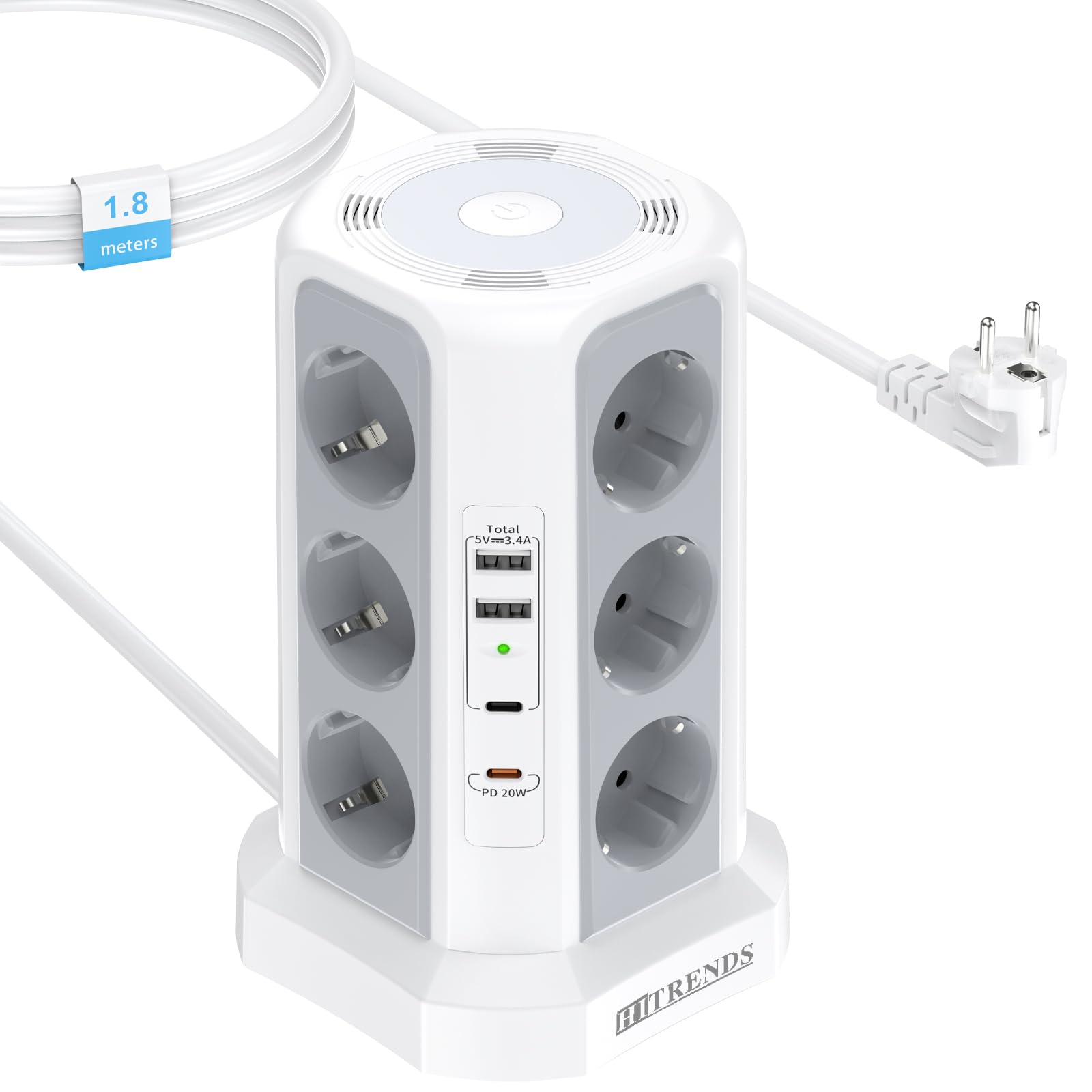 HITRENDS 12-Fach Steckdosenturm mit USB, Steckdosenturm mit 2M kable, (12Schuko+4 USB), Steckdosenleiste mit Überspannungsschutz für Küche, Büro (250V/16A,Weiß)