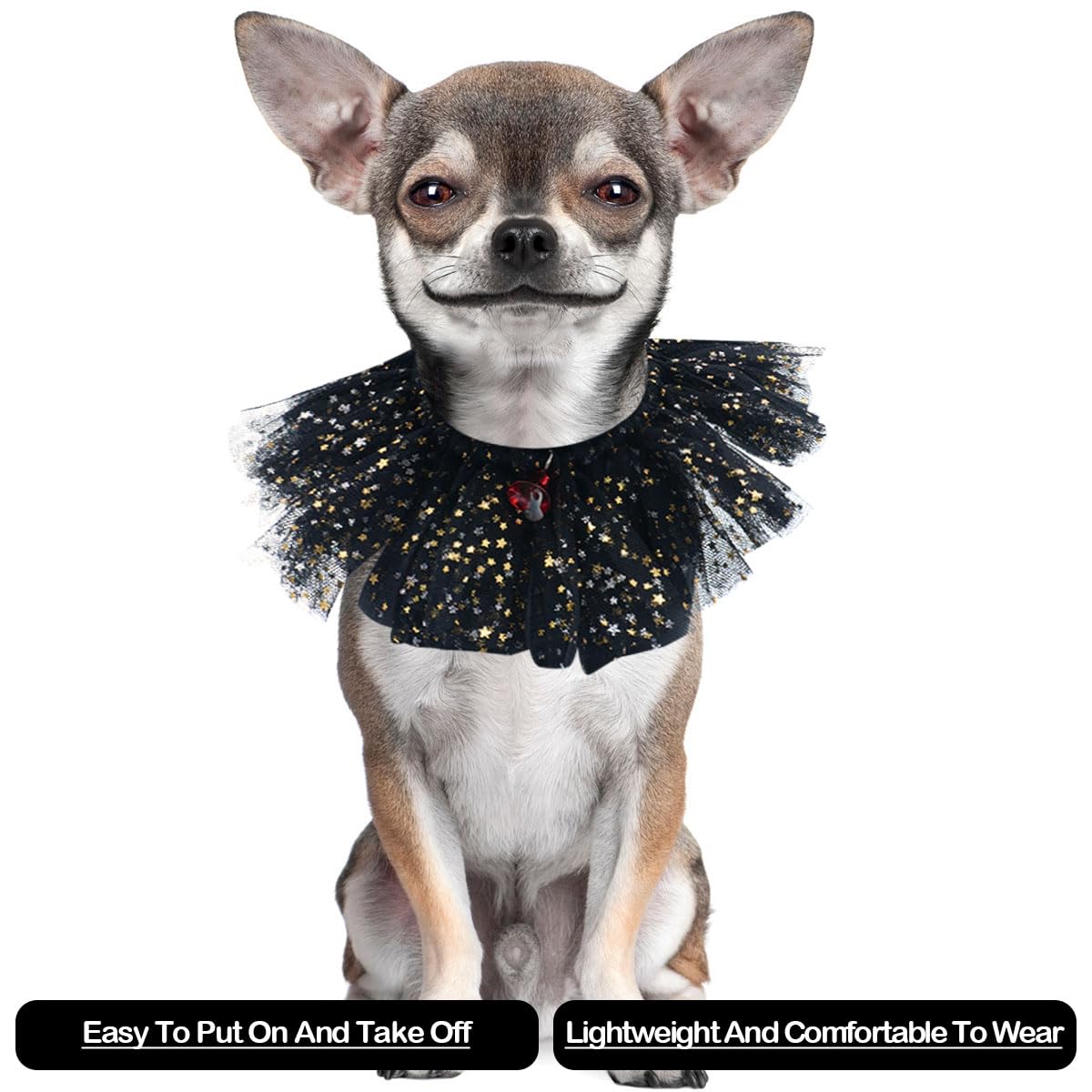 BIPY Black Dog Tutu Collar with Bell Neck Accessories for Small Dogs Cats Adjustable Necklace with Sequin Party Holiday Drawstring Pets Costume - Image 4