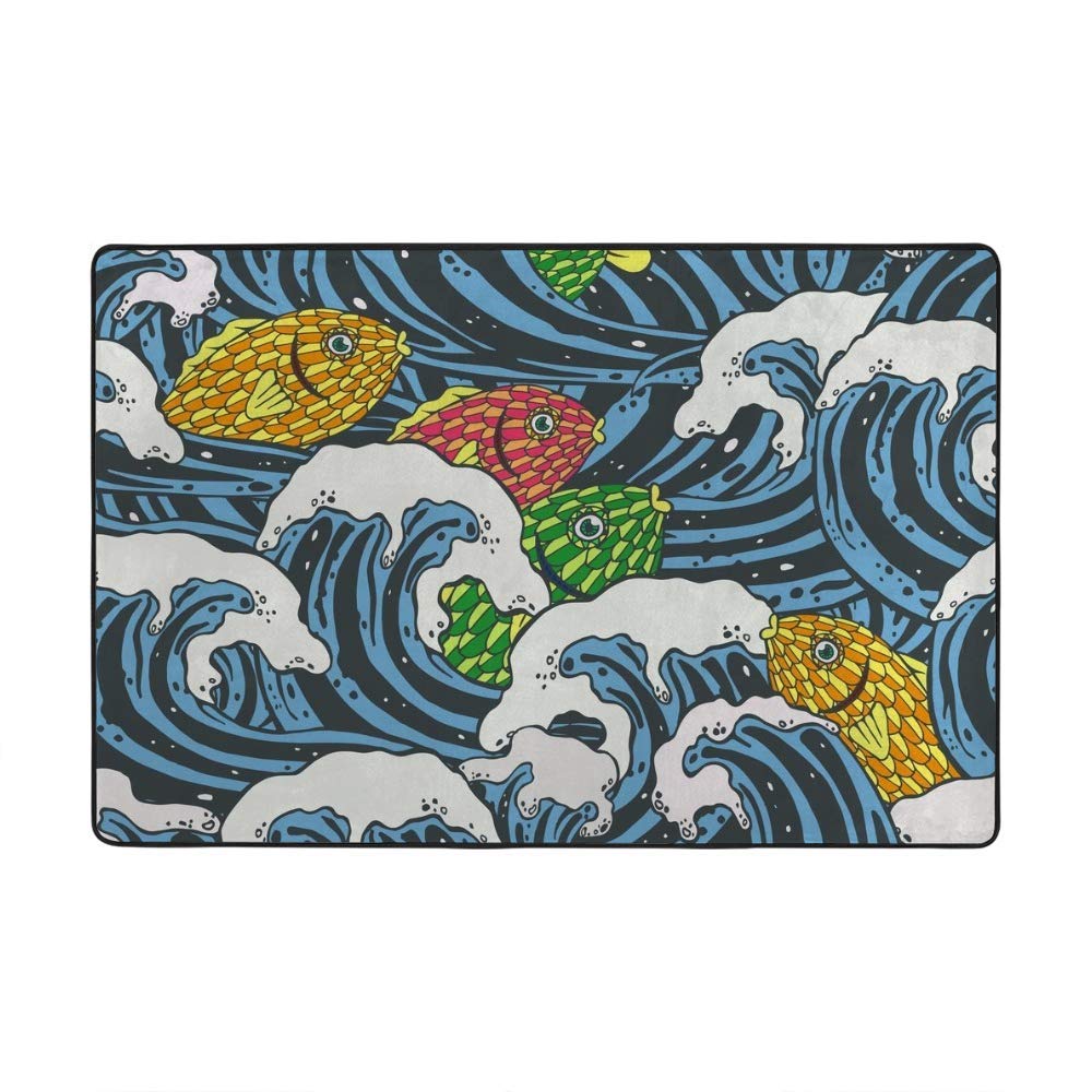 Tapis de dessin animé vagues bleu Ukiyo en velours corail Ruchen 183x122cm