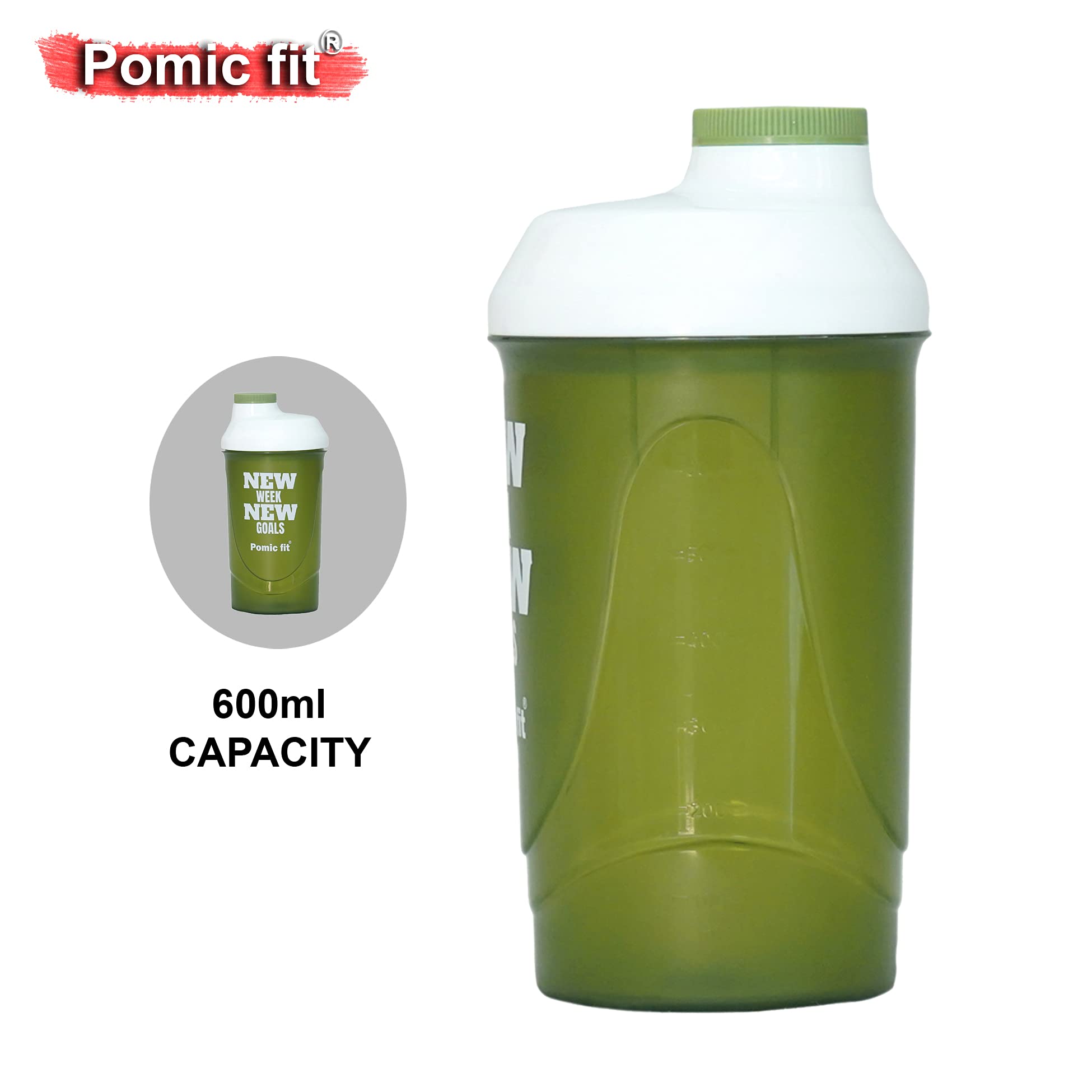 Pomic fit Protein Shaker Bottle Fitness Blender For Men & Women gym shaker bottle for sports with Protein sipper mix, cycling, Running, Yoga stainless steel blender ball 600ml (White,Green) 3