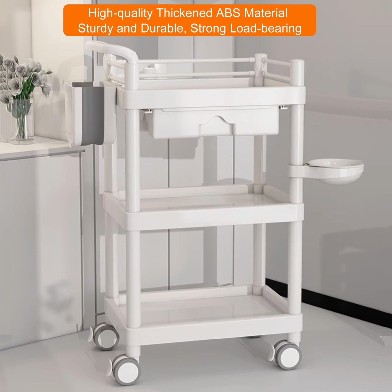 Carrito de Esteticista con Cajón Carrito Peluqueria Carrito de Belleza Carrito Auxiliar con Ruedas Carrito Organizador 3 Niveles(White)