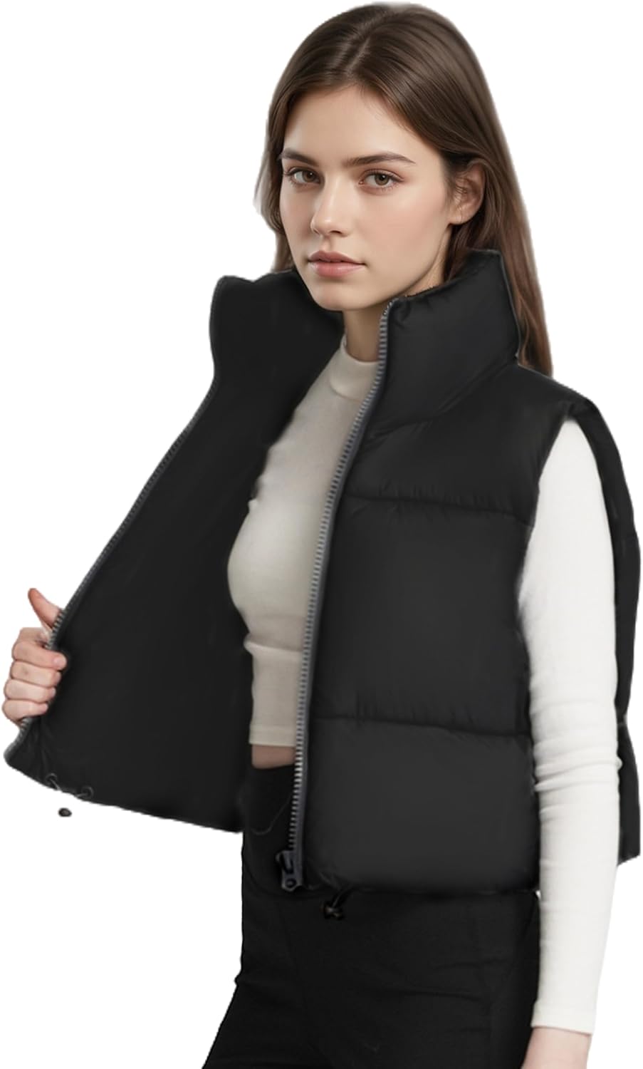 solomate Womens Cropped Puffer Vest Lightweight Quilted Sleeveless Stand Collar Zip-Up Padded Short Vest - Image 2