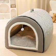 2 In 1 Dog House Large Pet Cave, Foldable Calming Dog Kennel with Anti Anxiety Soft Warm Cushion, Removable Washable Pet Igloo Bed for Dogs Cats, Non-Slip L60X45X40CM, Gray
