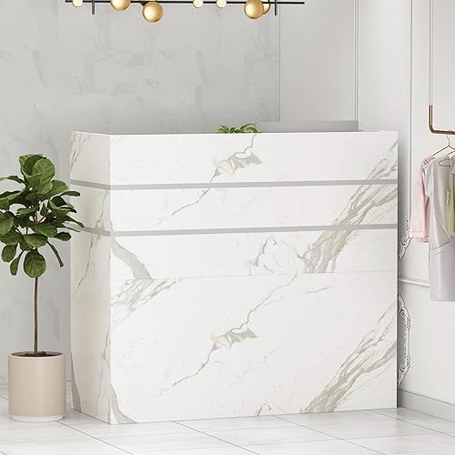 FUFU&GAGA Escritorio de recepción con mostrador, 3 cajones y estantes de almacenamiento, mesa de mostrador de recepción con paneles privados, para