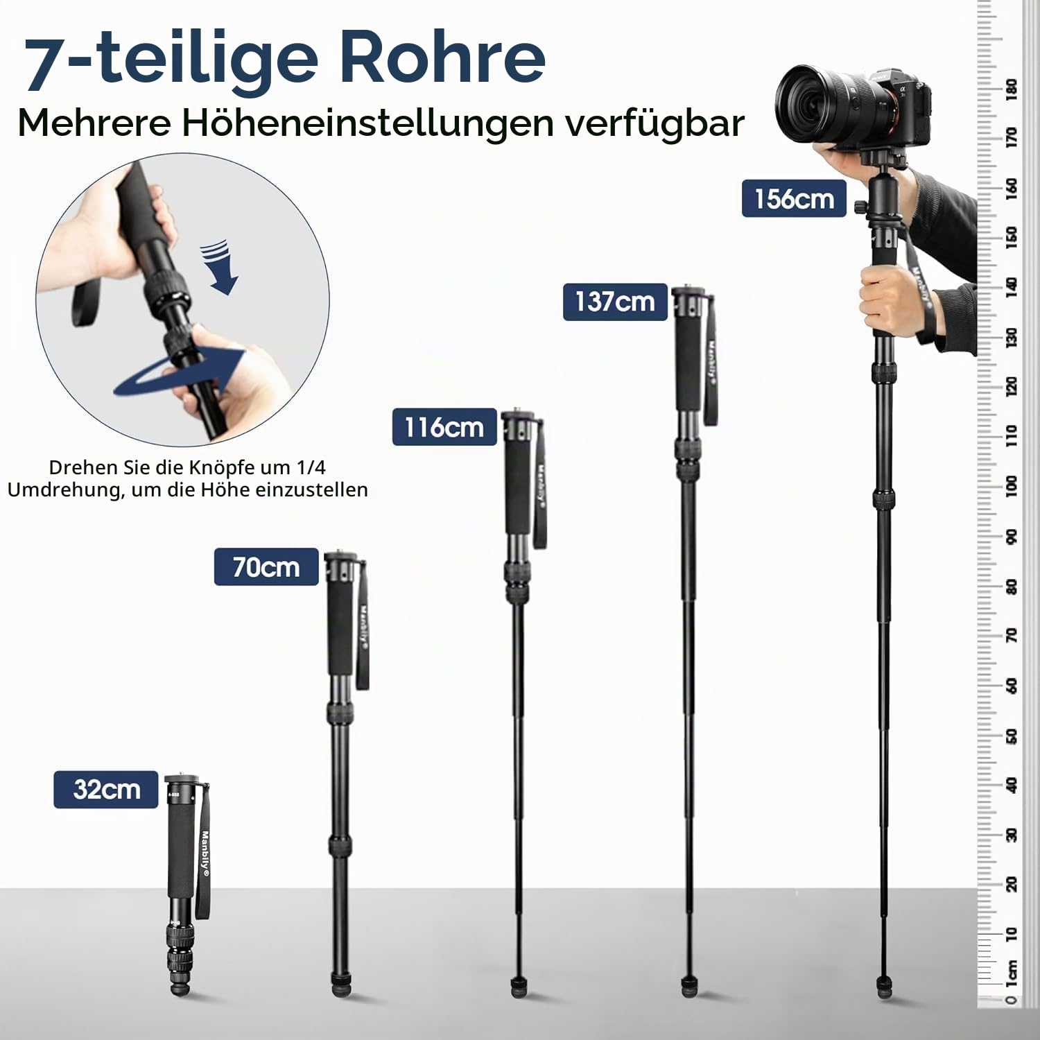 Manbily A-888 Kamera Einbeinstativ, Länge 32cm - 156cm Aluminium Einbeinstative für Kameras 7 Sektionen Kompakt Reise Tragbar Selfie Stick für DSLR Smartphone Konzert Fest, 1/4" - 3/8"