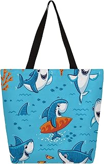 Sacola de lona feminina adorável tubarão oceano sacolas grandes para homens com bolsos sacolas de compras resistentes sacolas de compras reutilizáveis, bolsa de ombro casual para escola, trabalho, praia, Multicor