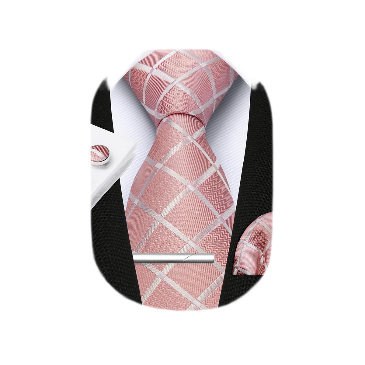 HISDERN Plaid Ties for Men Classic Checkered Tie and Pocket Square Cufflinks Tie Clip Set Woven Men's Necktie Business