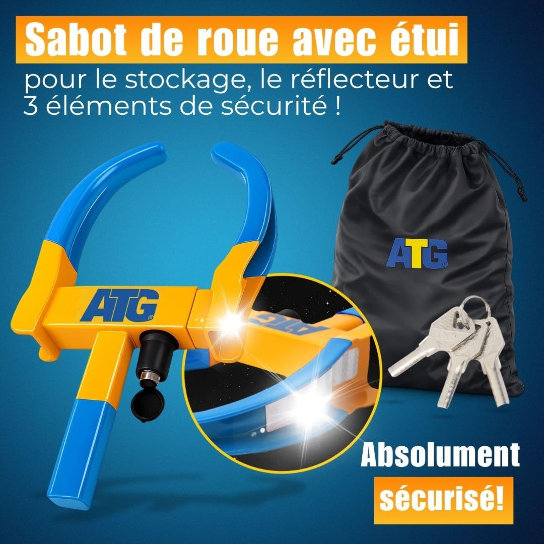 ATG Sabot de Roue Voiture & Remorque – Antivol Roue Universel pour Auto, Caravane, Camping-car, Moto – Bloque Roue Sécurité Pneus 18–28 cm
