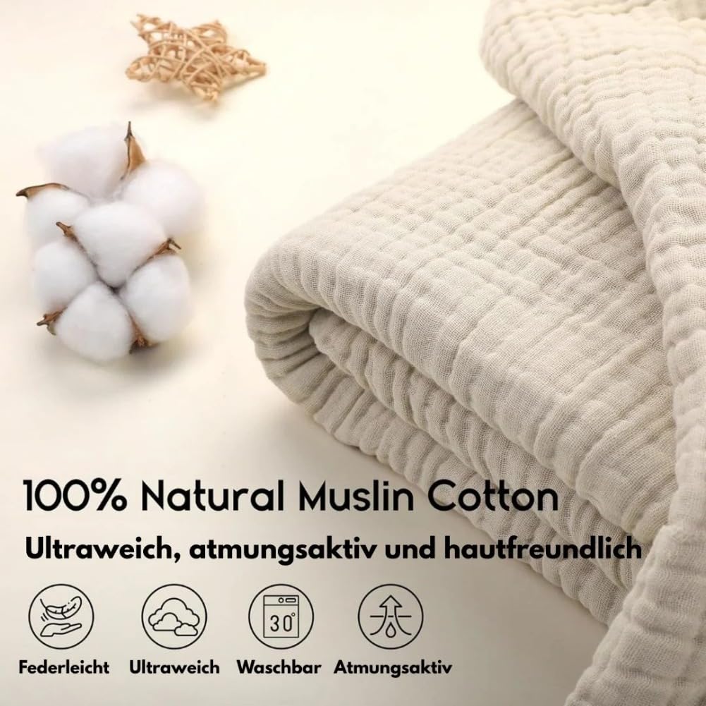 Musselin Decke, Sommerdecke Erwachsene,100% natürliche Musselin-Baumwolle, Atmungsaktive Weiche Tagesdecke Sofaüberwurf Couchdecke (Blau,Queen(150x200cm))
