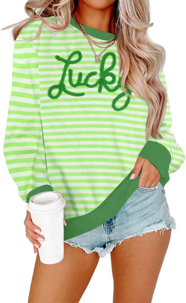 KIDDAD Women St Patrick's Day Sweatshirts: Irish Luck Shamrock Graphic Shirt Casual Holiday Loose Striped Pullover Tops